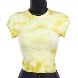 Enza Costa Ribbed Tie Dye Tee Lime Yellow Silk Blend Fitted Top NWOT XS